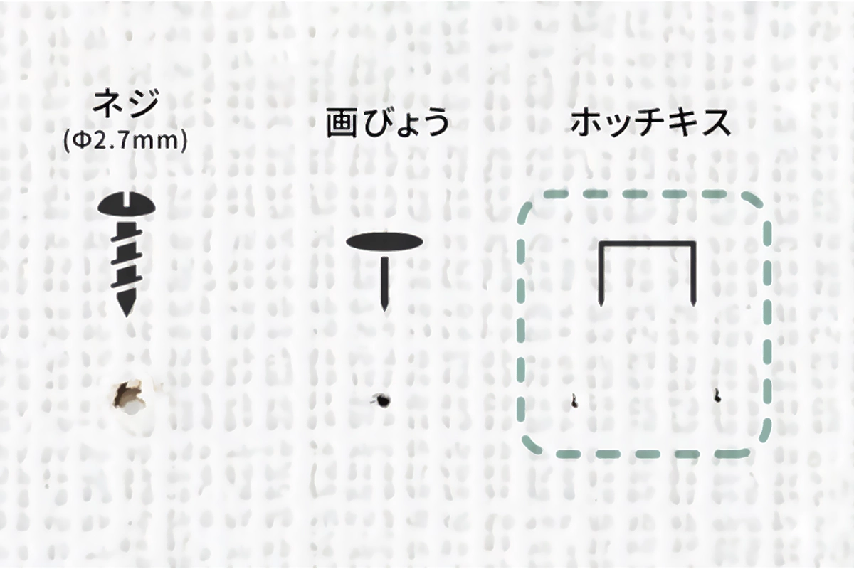 ネジと画びょうとホッチキスの穴のサイズの比較をした画像