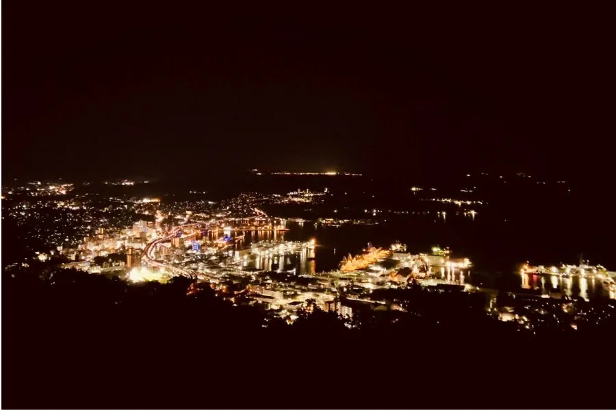 艦船の灯りが灯るオレンジ色の佐世保の港夜景。その色合いがとても幻想的で「金の夜景」とも呼ばれている