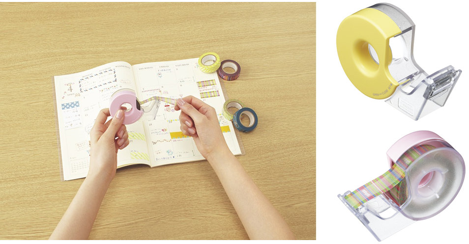 写真：【左】＜カルカット＞（ハンディタイプ・マスキングテープ用）　使用イメージ　【右】商品前面・背面