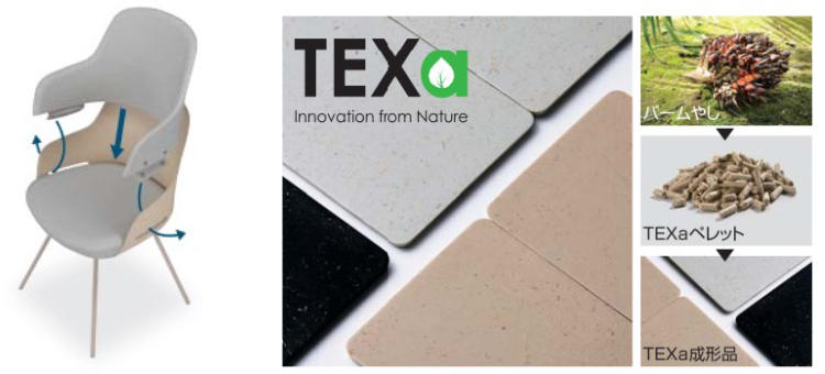 （左から）カバーリング背クッション、バイオマスプラスチック（TEXa）