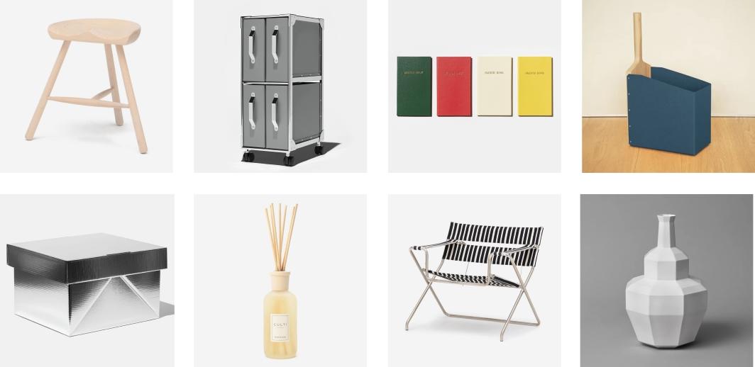 （左上から）WERNER：SHOEMAKER STOOL／THINK OF THINGS：ANY BOX TROLLEY SET S／KOKUYO：FIELD NOTEBOOK／POSTALCO：HANDLE BOX／THINK OF THINGS：CARTON 2.0／CULTI MILANO：DIFFUSER STILE／TECTA：D4 FOLDING CHAIR／KIKOF：FLOWER VASE 01