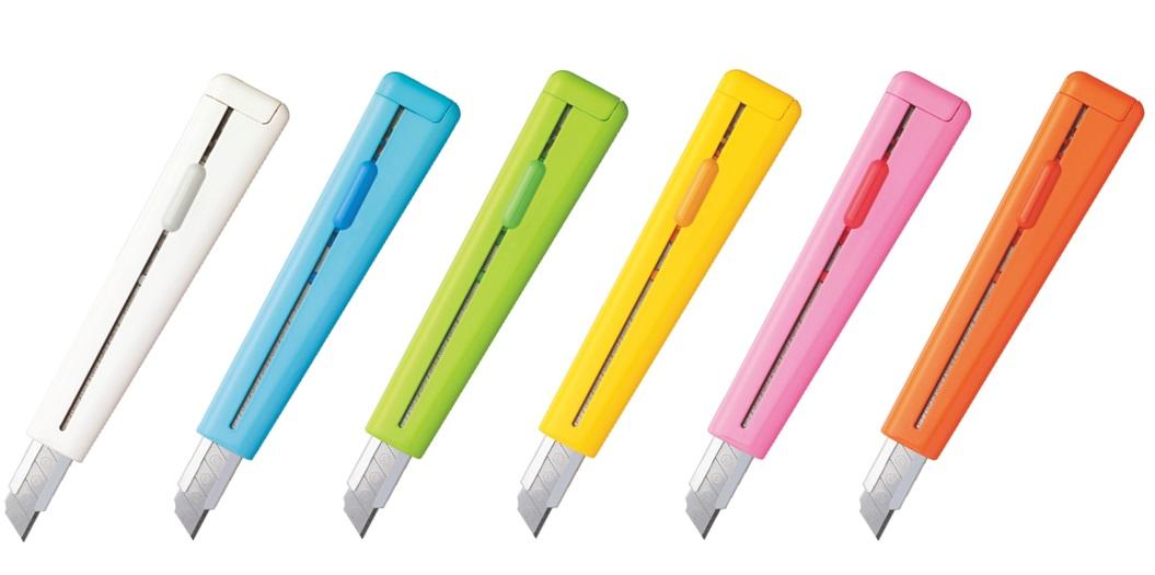 写真：（左から）カッターナイフ（標準型・フッ素加工刃）＜C3＞HA-S110W（限定）・B・G・Y・P・YR（限定）