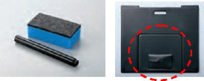 左：付属品のホワイトボードマーカーとイレーザー 右：赤丸部分がポケット