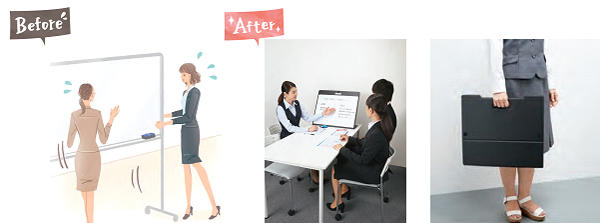 左：大きいホワイトボードは持ち運ぶのが大変 中、右：簡単に持ち運べてすぐに設置できる