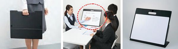 左：取っ手付きで持ち運びも簡単 中：デスクの上で簡単に設置可能 右：自立式のためホワイトボードスタンドは不要