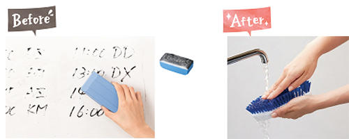 左：不織布では使い古すと黒くなり、消去力が落ちる 右：ブラシタイプなら水洗いでき、消去力も復活