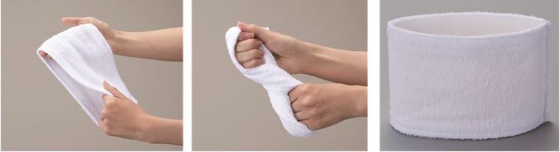 ①輪っかに両手の指を入れて 　　　　　　　　　   ②くるくるねじるだけでしぼれる　　　　　　　　　 　 輪っか形状のため裏返すと四面使える