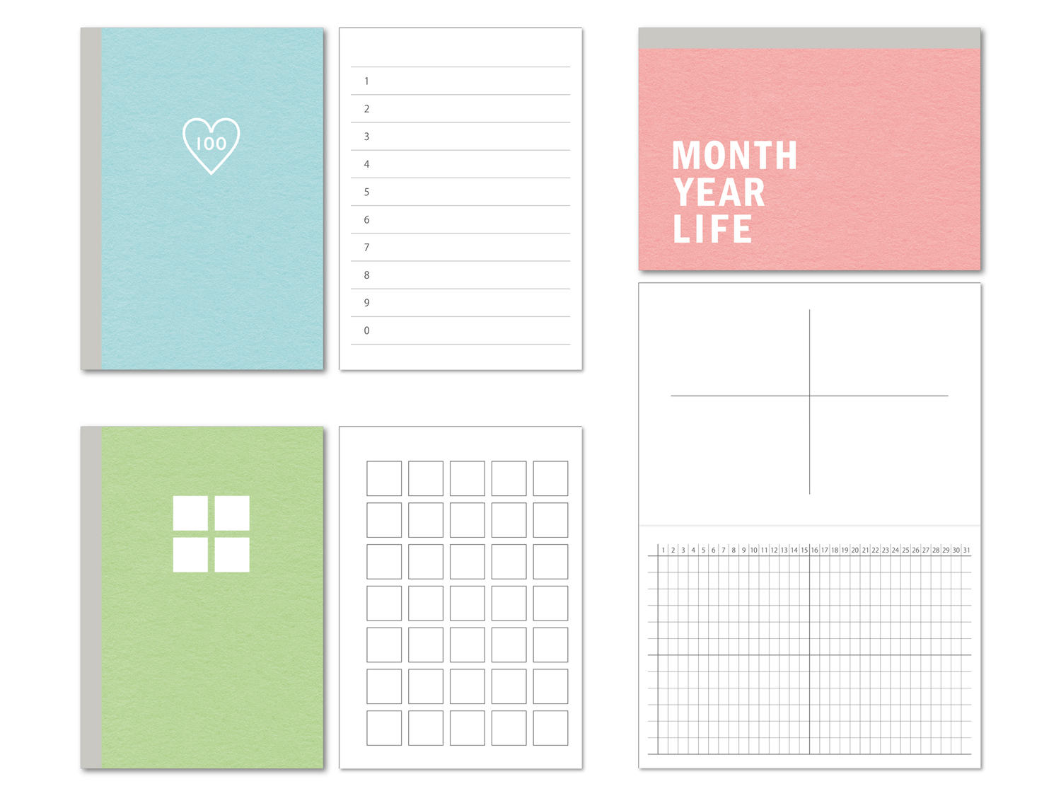 写真：左上「100ヨシノート」、左下「がんばりノート」、右「MONTH YEAR LIFEノート」