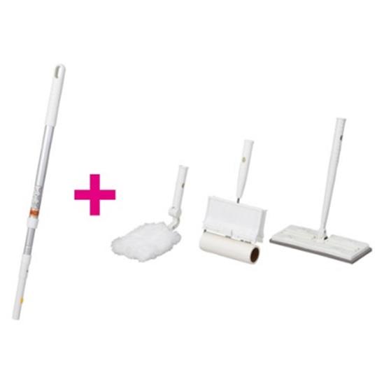 「ハンディワイパー」「粘着ローラー」「フロアワイパー」の3種類を共通の伸縮柄で使用できる