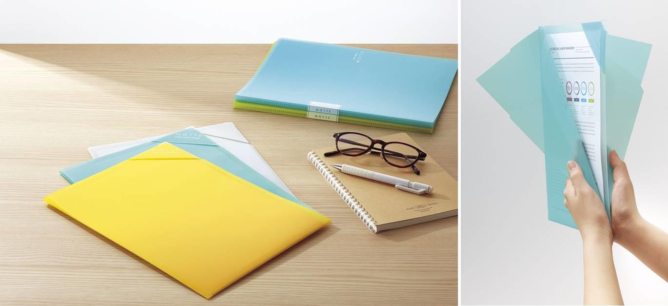 写真：（左）「ハードクリヤーホルダー<モッテ>」（定番カラー）、 （右）丈夫な仕切り板（A4サイズ）