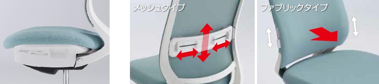 （左）クラス最厚レベルの座クッション、（右２枚）調節可能なランバーサポート