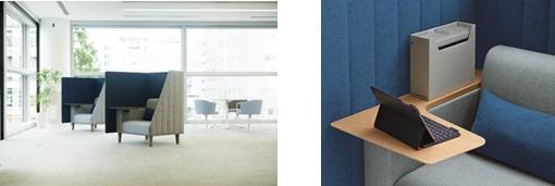 写真：（左から）レイアウトイメージ、天板部の使用イメージ