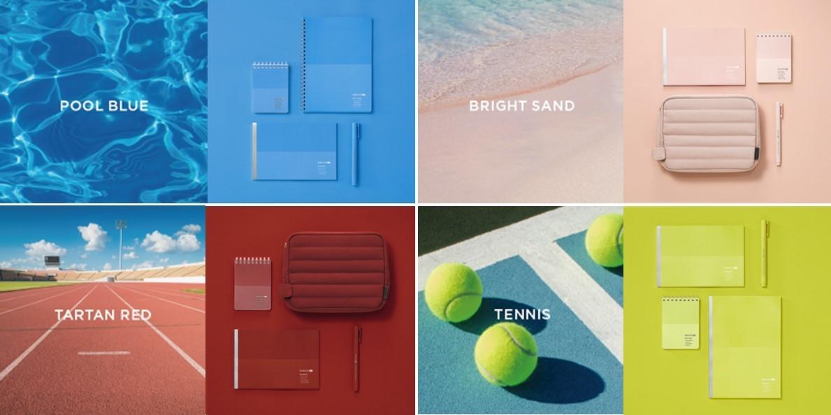 （上段左から）「POOL BLUE」、「BRIGHT SAND」（下段左から）「TARTAN RED」、「TENNIS」