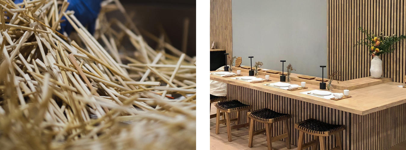 左：使用済み割り箸を「ごみ」から「資源」へ、右：割り箸をリサイクルして作られた特製材を使用したカウンターテーブルと壁パネル
