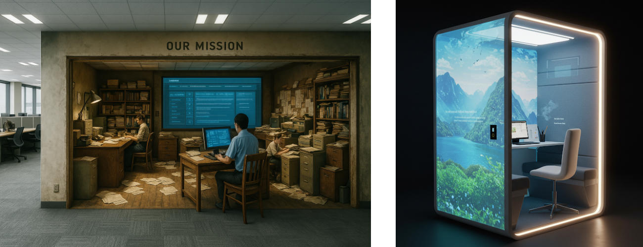 左：「タイムリープオフィス」創業当時のオフィスを彷彿とさせる設えの中で会社の歩みや過去の取り組みに触れられる空間　右：「リフレッシュ促進フォーンブース」勘定や体調に合わせて香りや音楽などの環境が整うブース