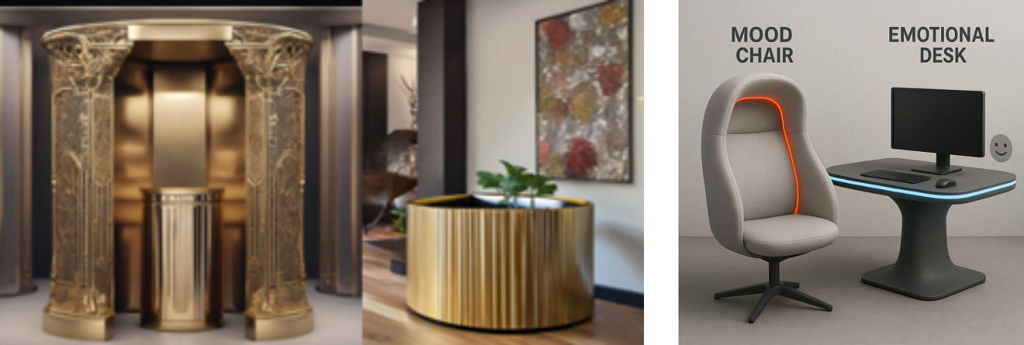 左：「奉るゴミステーション」従来のように裏に隠すものではなく循環をさせるシンボルとして大切に分別（捧げる）ゴミステーション　右：「感情シェアデスク」メンタル・バイタルを検知し色などで可視化される什器