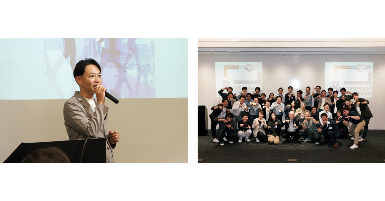 左：主催者挨拶の様子（グローバルワークプレイス事業本部 スペースソリューション本部 本部長 鈴木氏）右：参加者との集合写真