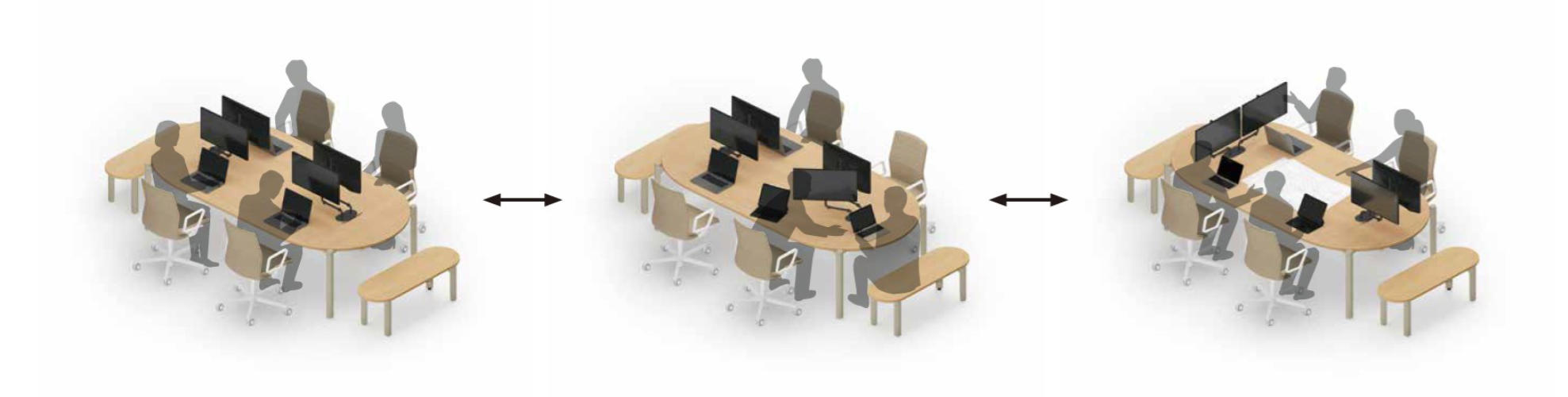 左からソロワークイメージ、ペアワークイメージ、ミーティングイメージ