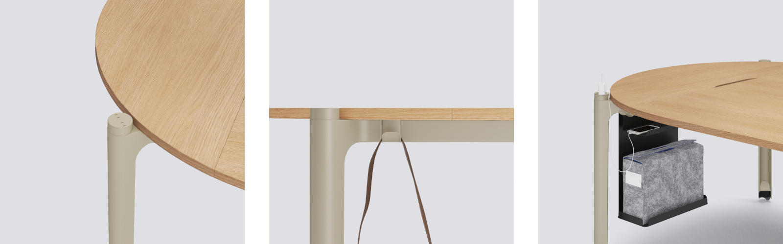 左から脚部の電源コンセント、カバンフック、ハンギングボックス