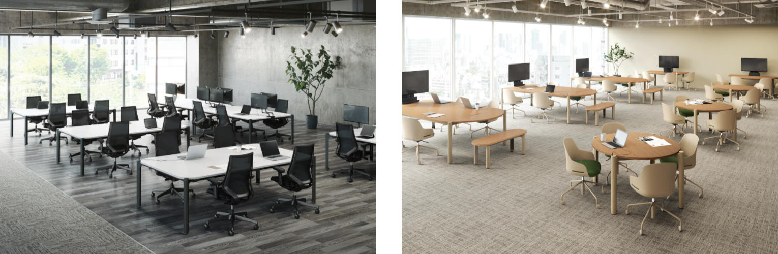 左から執務空間のイメージ、ミーティング空間のイメージ
