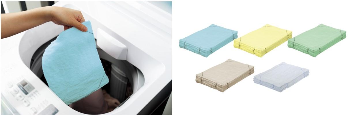 （左）洗濯機で洗う様子、（右）左上から通常サイズ青、黄、緑、ベージュ、白