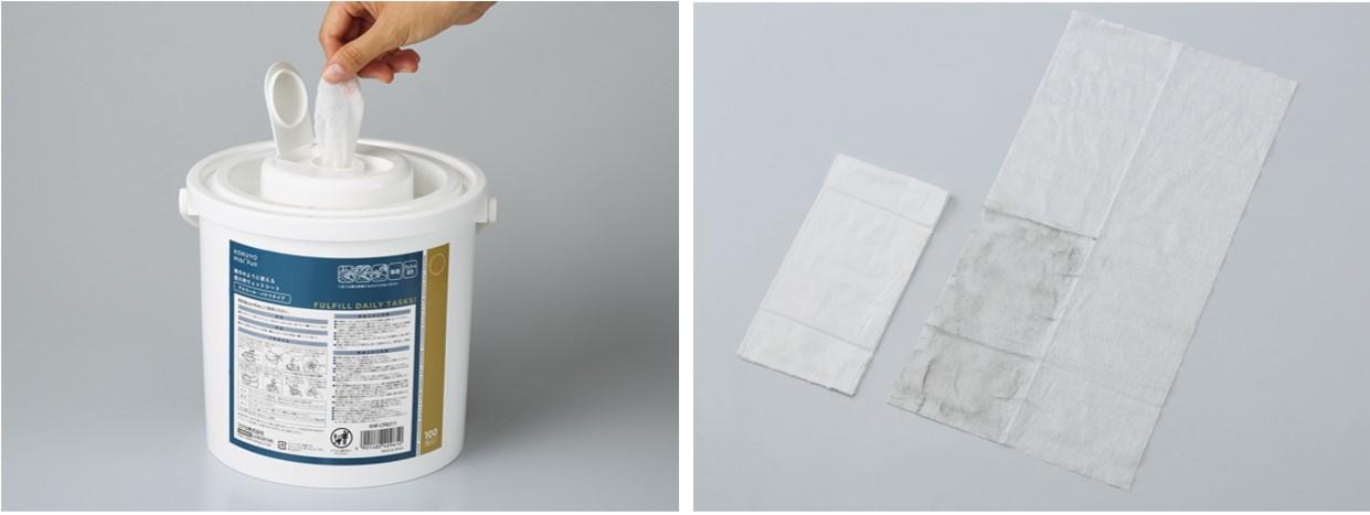 （左）取り出しイメージ、（右）折りたたんでの使用イメージ