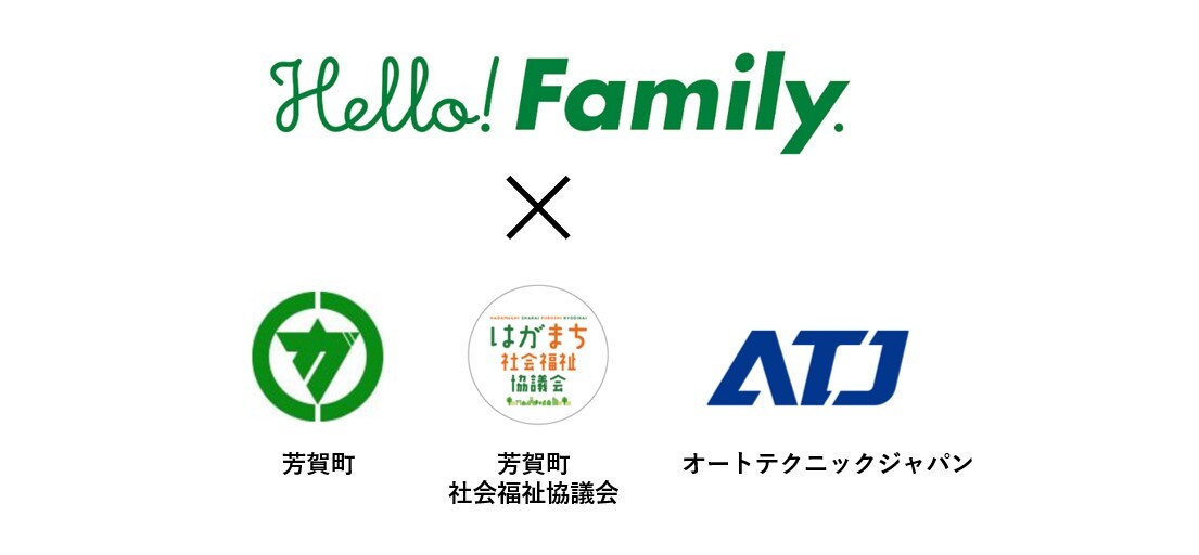 実証実験の体制。Hello! Family.と芳賀町・芳賀町社会福祉協議会・オートテクニックジャパンのロゴ。