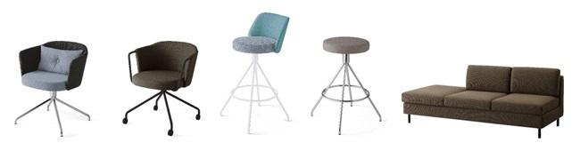 写真：（左から）チェアー（クッション付き、無し）2種、ハイチェアー、ハイスツール、ソファー