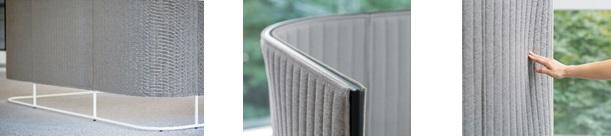 写真：（左から）本体足元、スクリーン上端、面材の各イメージ