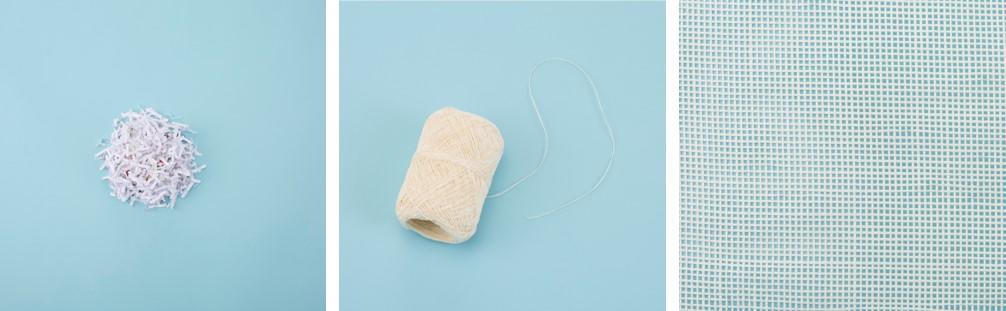 （左から）紙端材、再生紙でできた糸、再生紙の糸を編んでできた布