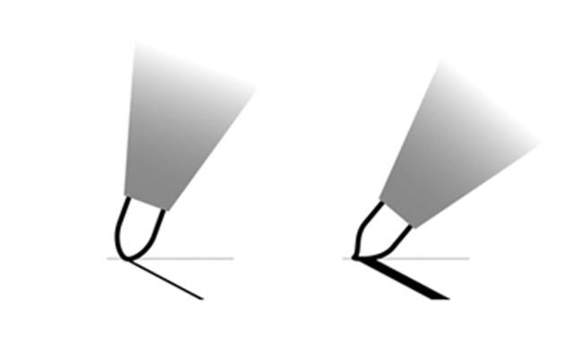 筆圧をあまりかけない場合（左図）と、筆圧をかけた場合（右図）の線幅の変化のイメージ