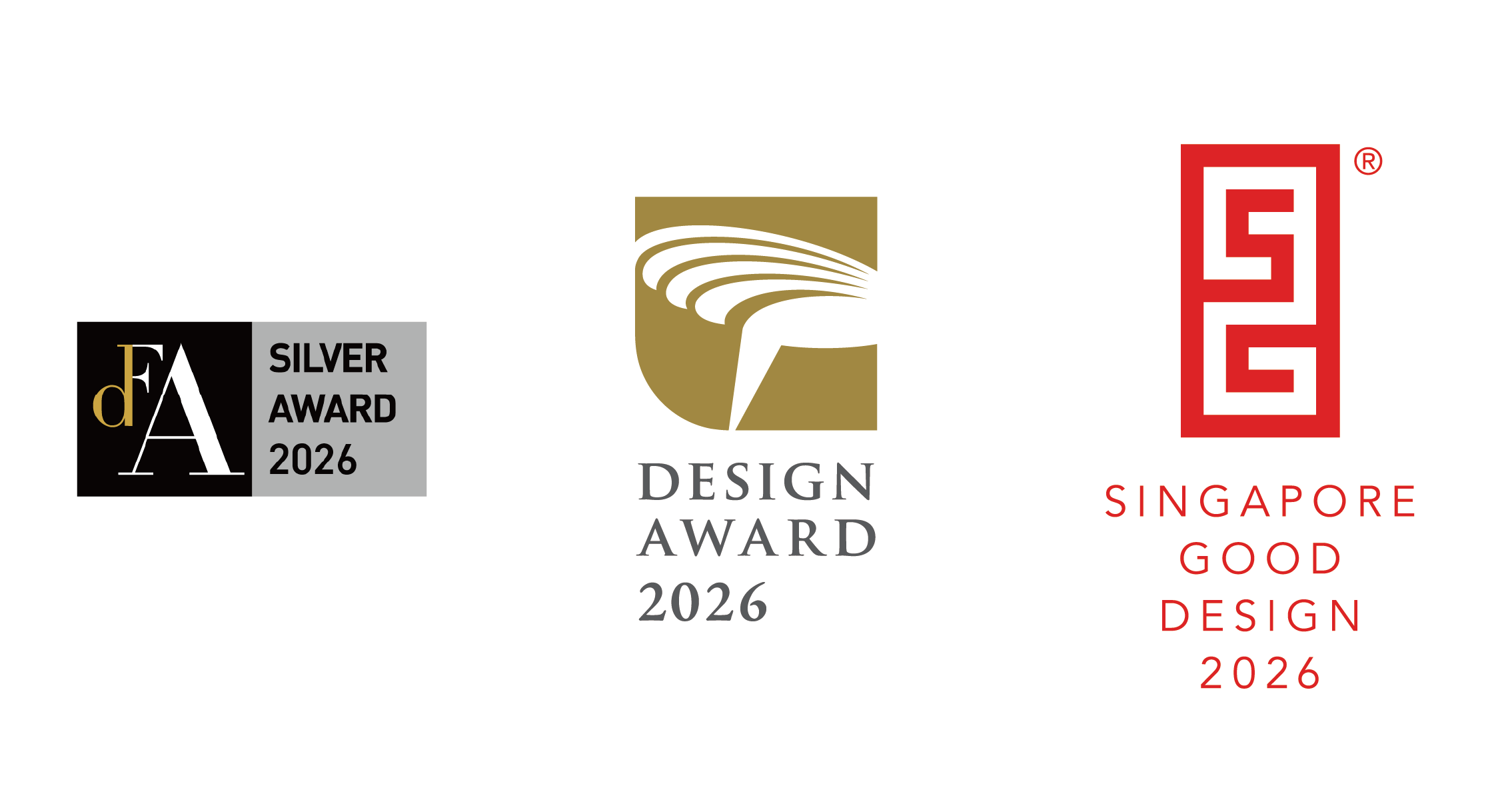 左から、DFA Design for Asia Awards 2026 – Silver Award ロゴ、Golden Pin Design Award 2026 – DESIGN AWARD ロゴ、SG Mark 2026 ロゴ