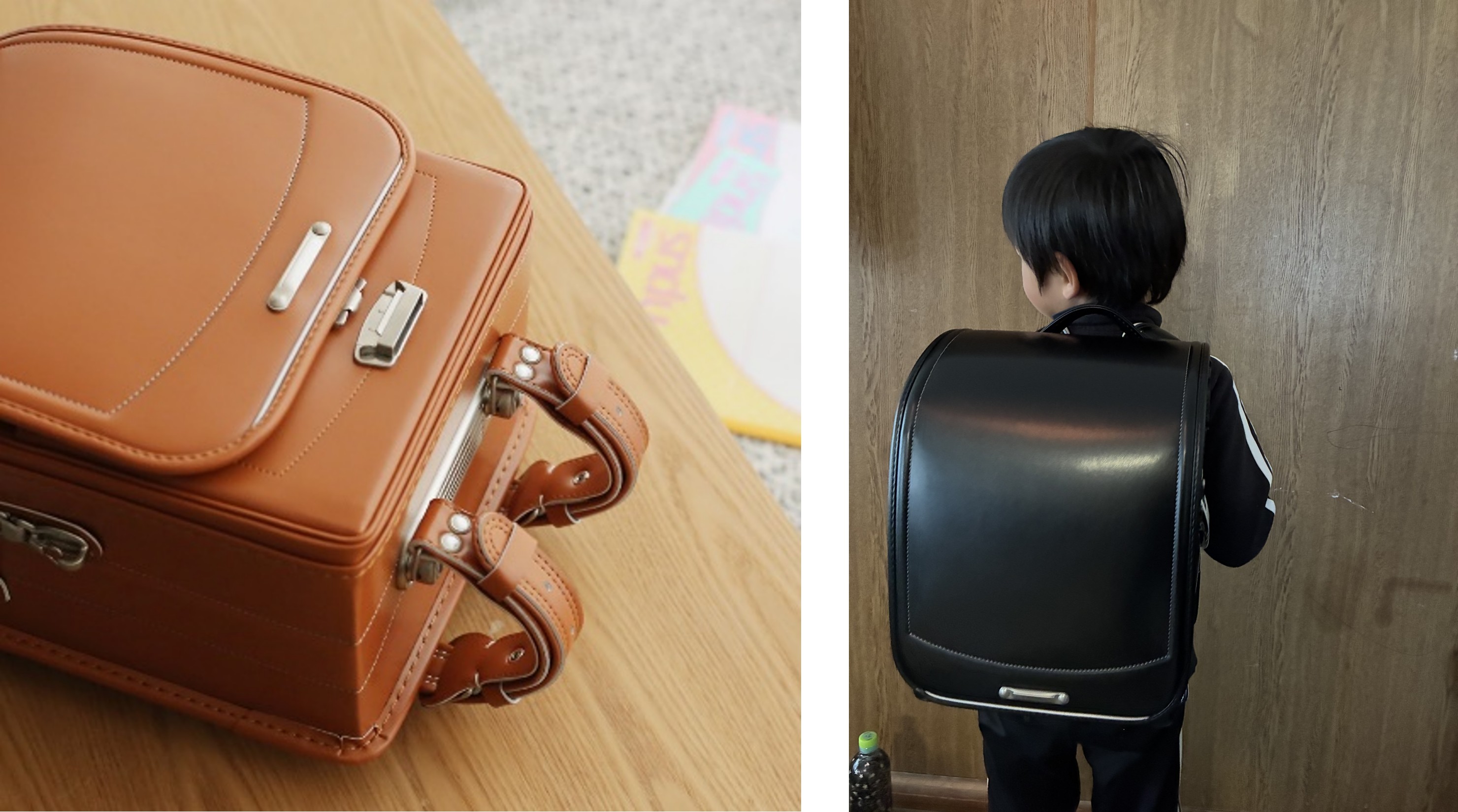 今回寄付をした「らくろくシリーズ」と寄付されたランドセルを背負う児童