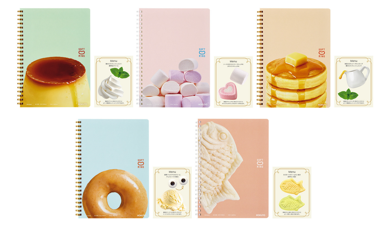 （左上から）プリン、マシュマロ、パンケーキ、ドーナツ、たい焼き