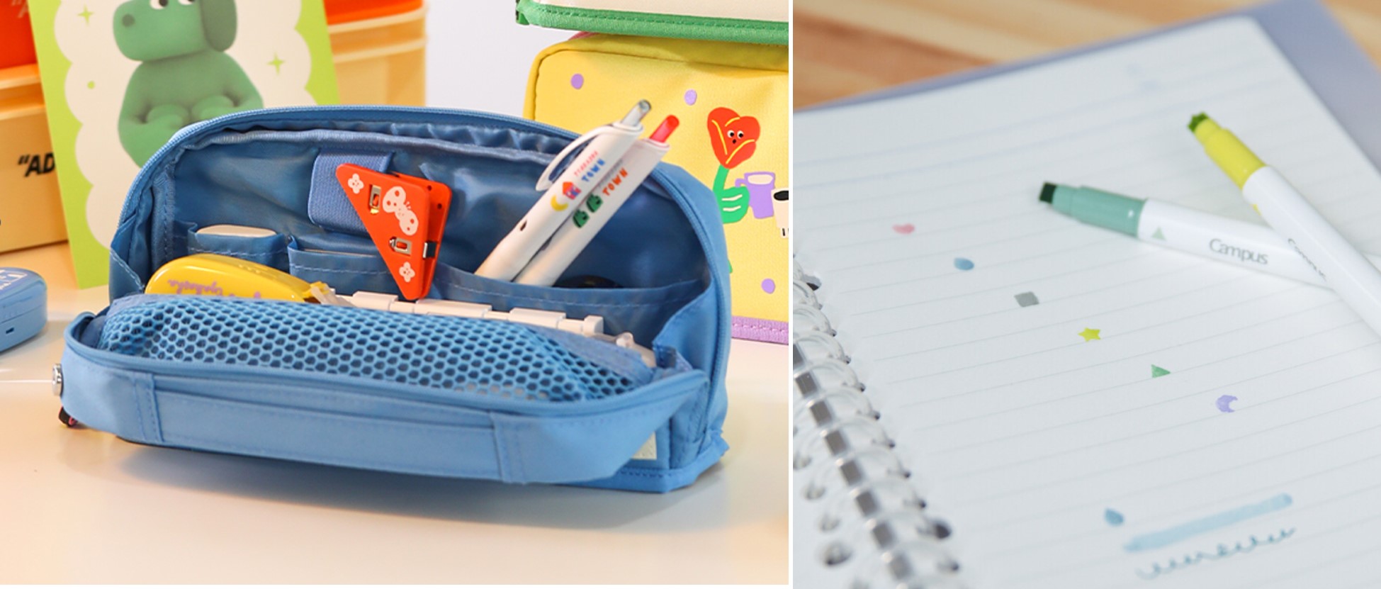 (Left) TYAKASHA HACO HACO pen case    (Right) Campus Stamp Market Pens