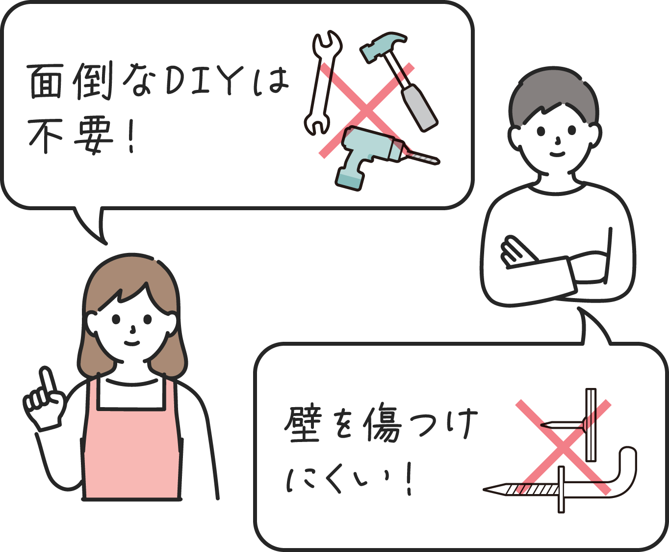 イラスト:面倒なDIYは不要! / 壁を傷つけにくい!