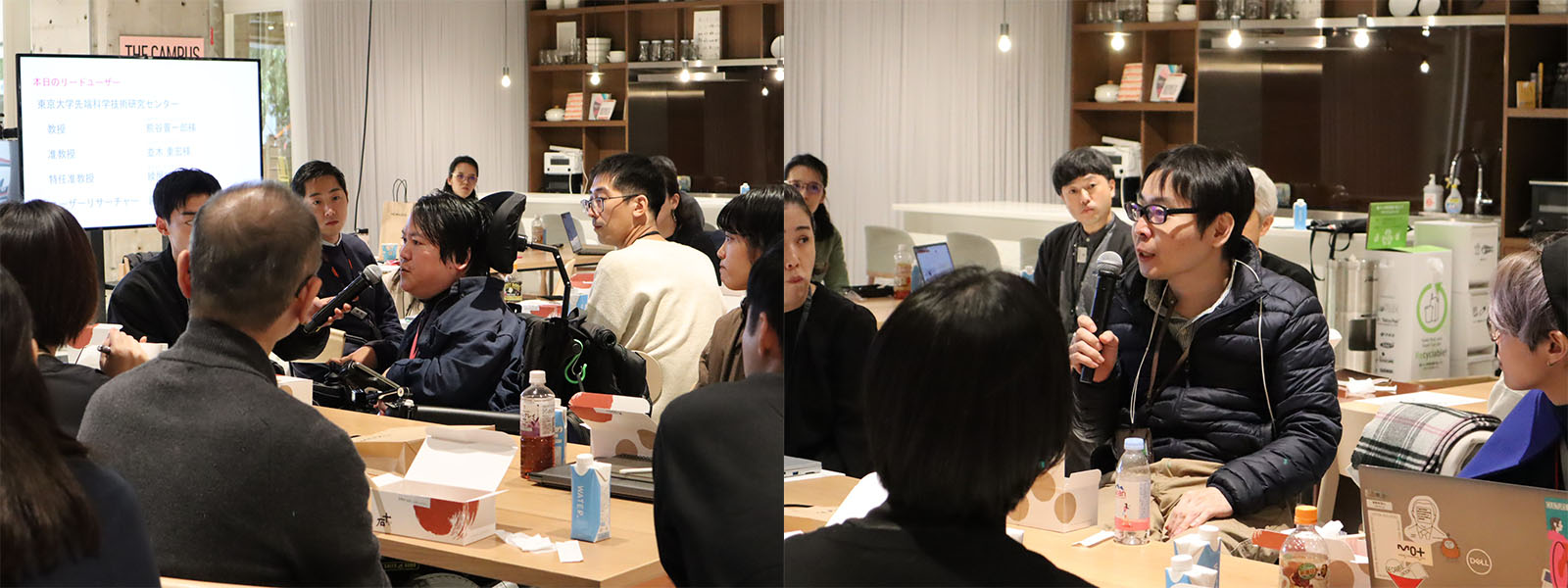 写真左）ALTはじまり。車いすにのった熊谷教授がマイクを持ち、ワークショップに参加しているコクヨ社員たちの前で自己紹介をしている。ALTおわり写真右）ALTはじまり。車いすにのった並木さんがマイクを持ち、ワークショップに参加しているコクヨ社員たちの前で自己紹介をしている。ALTおわり