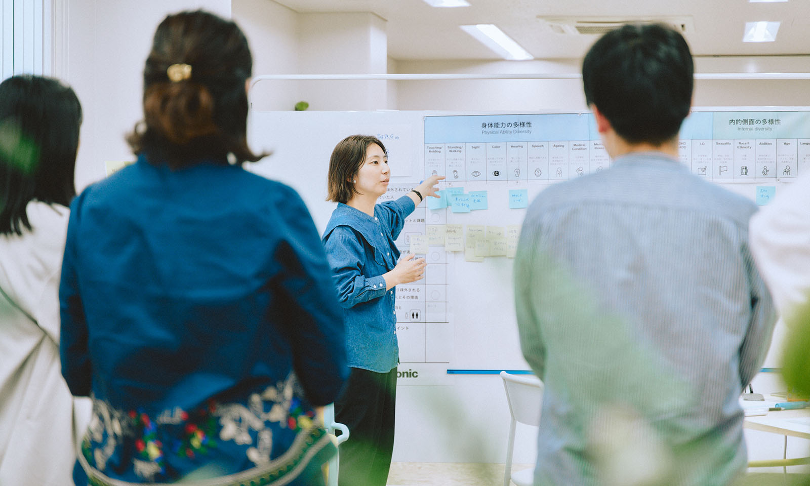 ALTはじまり。それぞれが自分達がワークシートに書き込んだ内容を発表している風景。真剣な眼差しで自分達の考えを語る。写真にはデニムの長袖を着ている黒髪ボブヘアーの女性を中心に、３人が囲んでいるところ。ALTおわり。