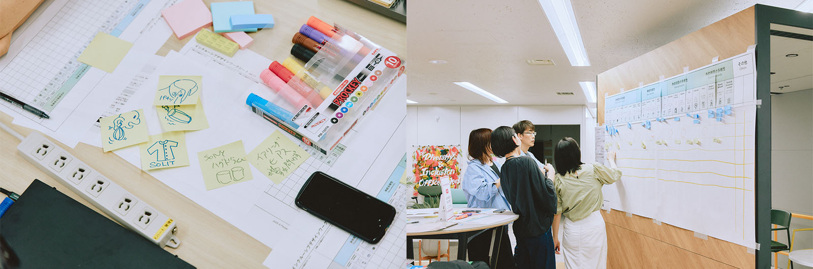 左写真ALT：ALTはじまり。付箋にはワークシートに書き込んだものを説明するためにイラストも描かれている。ちょうど上手いとも下手ともいえない、味わいのある画風。ALTおわり。右写真ALT：ALTはじまり。壁に貼られたワークシートを見つめながら立って議論をするコクヨ社員４名。ALTおわり。