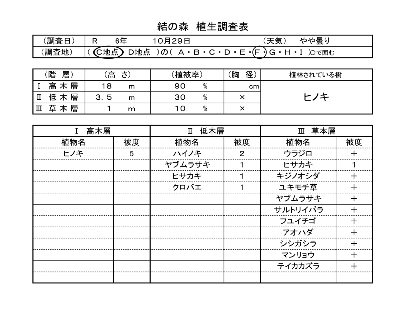 植生調査票C地点のF
