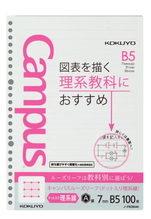 コクヨ キャンパス ルーズリーフ ドット入り理系線ルーズリーフ B5 7mm罫,作図ドット入り 100枚の商品画像