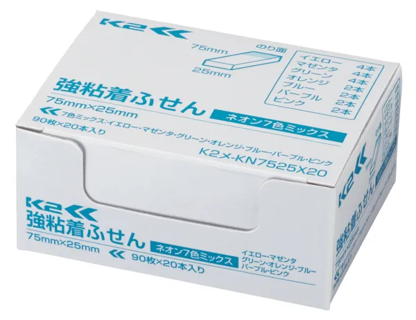 コクヨ K2 ネオンカラー強粘着ふせん 75×25mm 90枚 ネオン7色混 20本入の商品画像