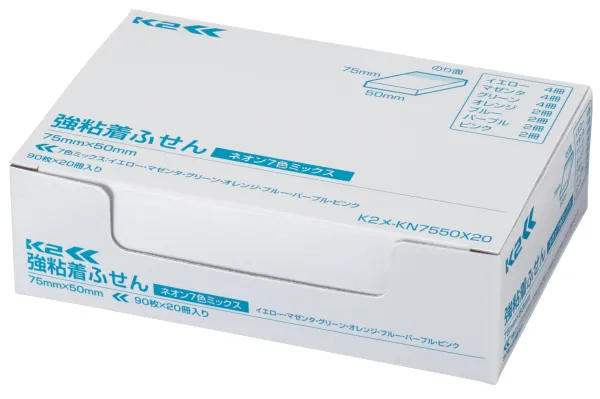コクヨ K2 ネオンカラー強粘着ふせん 75×50mm 90枚 ネオン7色混 20冊入の商品画像