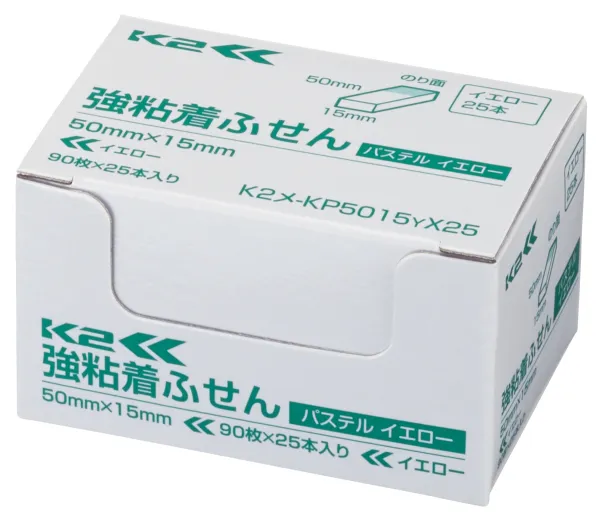 コクヨ K2 パステルカラー強粘着ふせん 50×15mm 90枚 パステルイエロー 25本入の商品画像